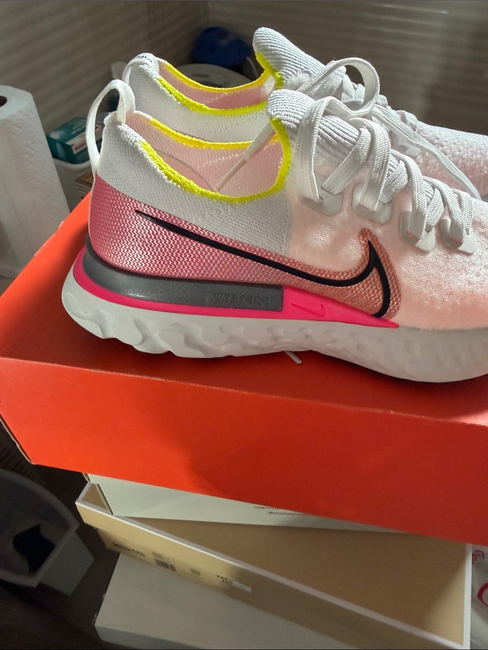Nike Pink Knit Running Sneakers with Neon Yellow Collar and Hot Pink Accents - Picture 3 of 5